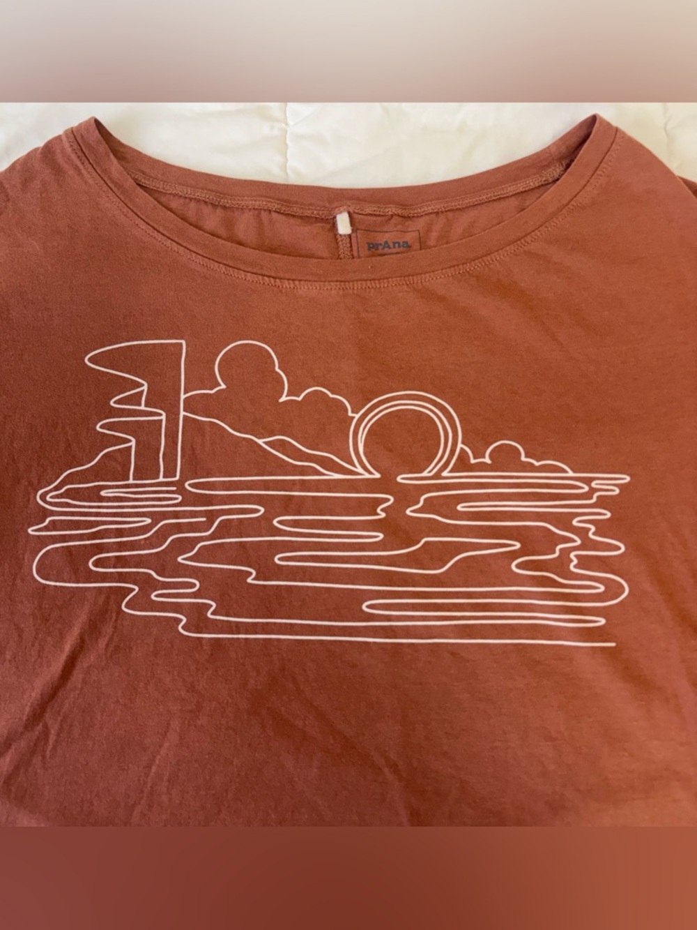 Prana Women's Rust Short Sleeve Tee with White Sunset Outline